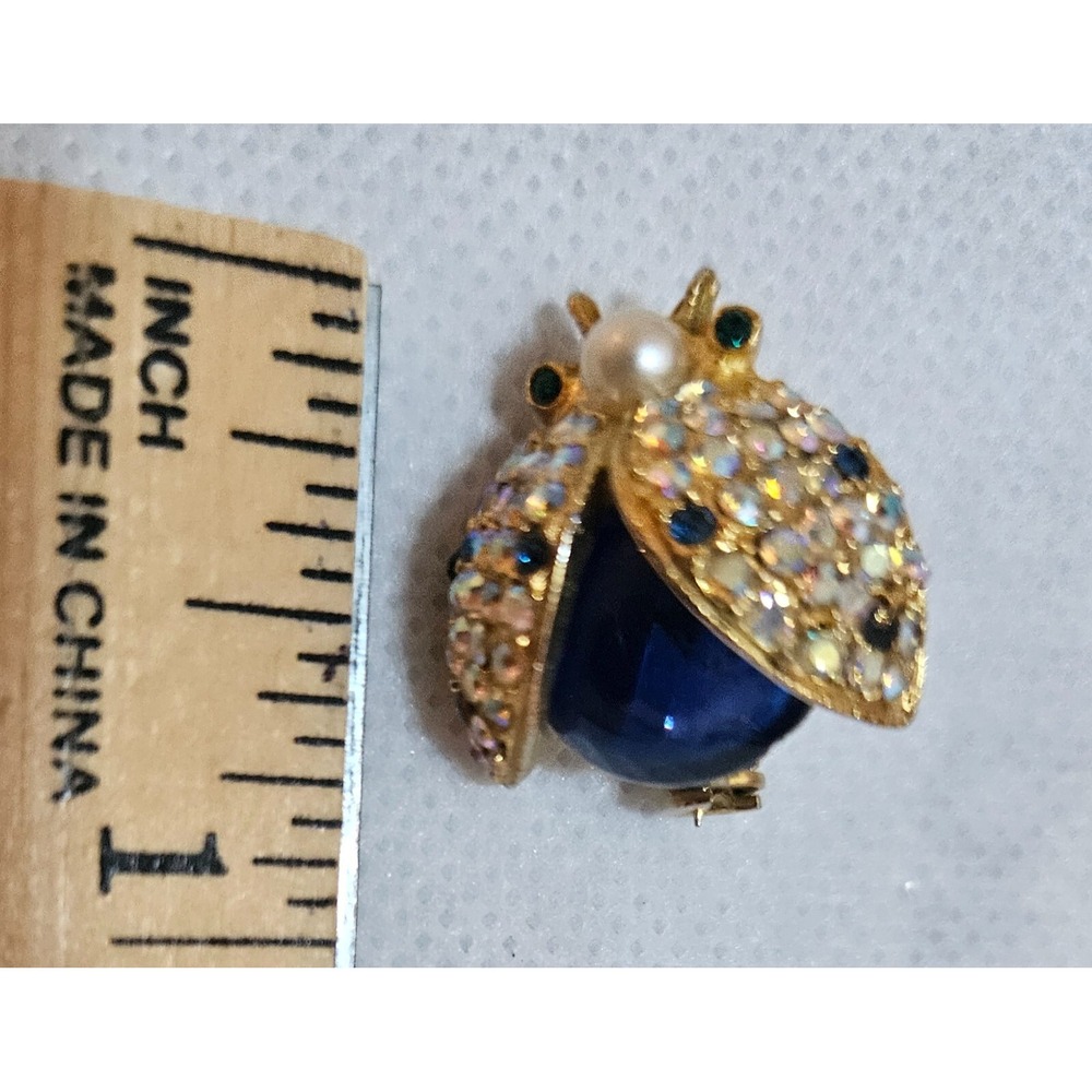 Sparkling Ladybug Brooch Pin Rhinestone Pearl Blue Gemstone Gold Tone - Picture 16 of 16